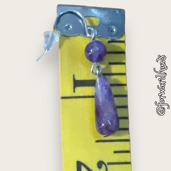 Elegant Amethyst Teardrop Dangle Earrings - Silver Tone - Picture 5 of 8